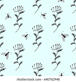 Hand Drawn Nature Pattern. Black and White Eco Seamless Vector Texture with Plants and Insects