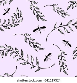 Hand Drawn Nature Pattern. Black and White Eco Seamless Vector Texture with Plants and Insects