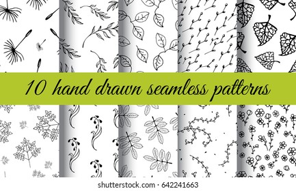 Hand Drawn Nature Pattern. Black and White Eco Seamless Vector Texture