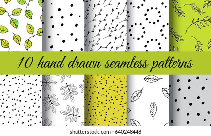 Hand Drawn Nature Pattern Collection. Set of Black and White Eco Seamless Vector Texture