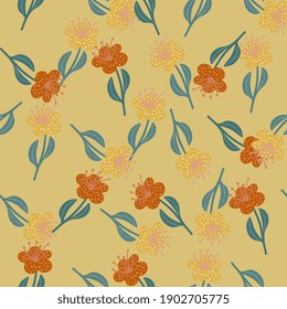 Hand drawn nature seamless pattern with orange random flower silhouettes with Blue stems on Pale background. Stock illustration. Vector design for textile, fabric, gift wrap, wallpapers.