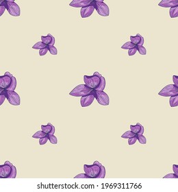 Hand drawn nature seamless pattern with purple outline flower elements. Light background. Floral backdrop. Vector illustration for seasonal textile prints, fabric, banners, backdrops and wallpapers.
