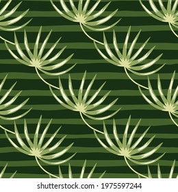 Hand drawn nature seamless pattern with diagonal tropic leaves. Green striped background. Nature backdrop. Designed for fabric design, textile print, wrapping, cover. Vector illustration.