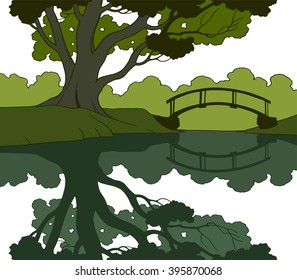 Hand drawn nature summer landscape of a big tree standing by the river or lake