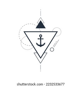 Hand drawn nautical anchor in a triangle textured vector illustration. Geometric linear style.