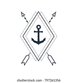 Hand drawn nautical badge with anchor textured vector illustration. Geometric style.