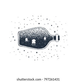 Hand drawn nautical badge with jellifish in a bottle textured vector illustration.