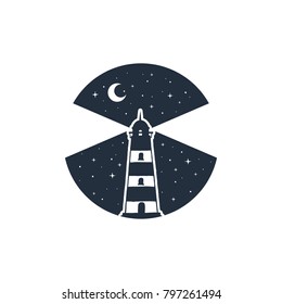 Hand drawn nautical badge with lighthouse in the night textured vector illustration.