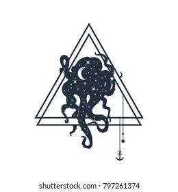 Hand drawn nautical badge with octopus textured vector illustration. Geometric style.