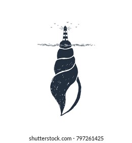 Hand drawn nautical badge with seashell and lighthouse textured vector illustrations.