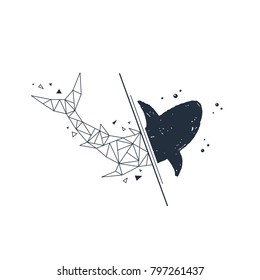Hand drawn nautical badge with shark textured vector illustration. Geometric style.