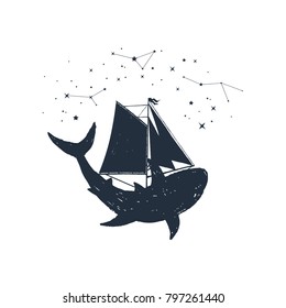 Hand drawn nautical badge with shark, sails and constellations textured vector illustrations.