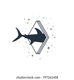 Hand drawn nautical badge with shark's tail textured vector illustration.