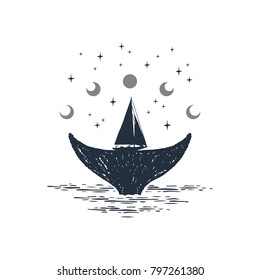 Hand drawn nautical badge with whale's tail and yacht textured vector illustrations.