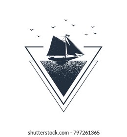 Hand drawn nautical badge with yacht textured vector illustration. Geometric style.