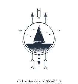 Hand drawn nautical badge with yacht textured vector illustration. Geometric style.