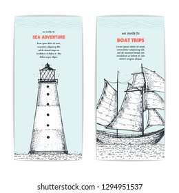 Hand drawn nautical banner set. Sketch illustration. Sailboat and lighthouse sketch illustration. Sea set.