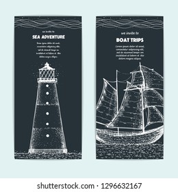 Hand drawn nautical banner set. Sketch illustration. Sailboat and lighthouse sketch illustration. Sea set.