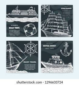 Hand drawn nautical banner set. Sketch illustration. Frigate, boat, cruise ship, anchor, steering wheel, lifebuoy sketch illustration. Sea set.