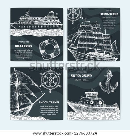 Hand drawn nautical banner set. Sketch illustration. Frigate, boat, cruise ship, anchor, steering wheel, lifebuoy sketch illustration. Sea set.