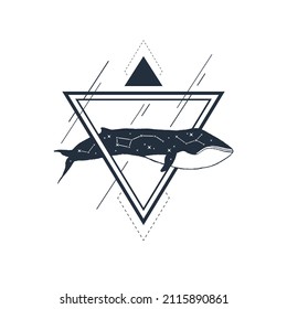 Hand drawn nautical blue whale in a triangle textured vector illustration. Geometric style. With double exposure of constellations.