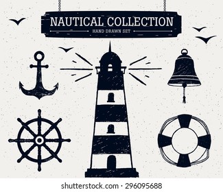 Hand drawn nautical collection of lighthouse, anchor, ship helm, lifebuoy, bell.