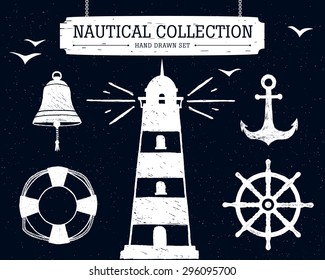 Hand drawn nautical collection of lighthouse, anchor, ship helm, lifebuoy, bell on black background.