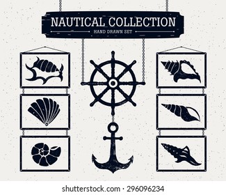 Hand drawn nautical collection of shells, anchor and ship helm.