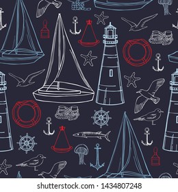Hand drawn nautical icon set. Vector  seamless pattern