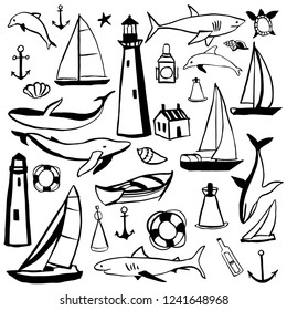 Hand drawn nautical icon set.Vector sketch  illustration.