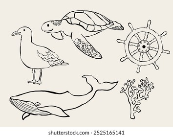 Hand drawn nautical illustrations. Icons for invitations, stationery, design. Ocean clipart. Beach. Sea.