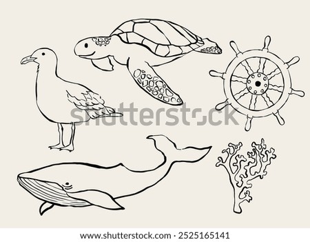 Hand drawn nautical illustrations. Icons for invitations, stationery, design. Ocean clipart. Beach. Sea.