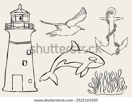 Hand drawn nautical illustrations. Icons for invitations, stationery, design. Ocean clipart. Beach. Sea.