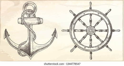 Hand drawn nautical illustrations of steering wheel and anchor.  Vector isolated objects.