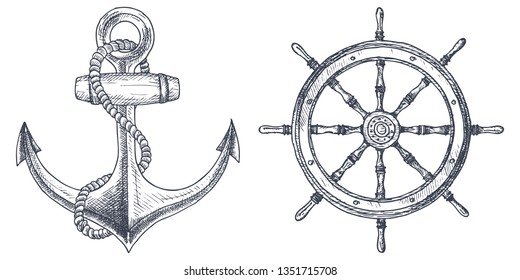 Hand drawn nautical illustrations steering wheel   anchor   Vector isolated objects 