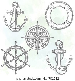 Hand drawn nautical illustrations. Vector marine objects.