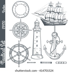 Hand Drawn Nautical Illustrations. Vector Marine Objects.