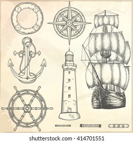 Hand drawn nautical illustrations. Vector marine objects.