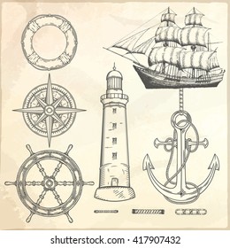 Hand drawn nautical illustrations. Vector marine objects.