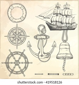 Hand drawn nautical illustrations. Vector marine objects.