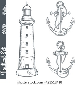Hand drawn nautical illustrations. Vector marine objects.