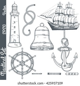 Hand drawn nautical illustrations. Vector marine objects.
