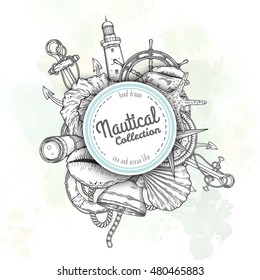 Hand drawn nautical illustrations. Vector marine objects.