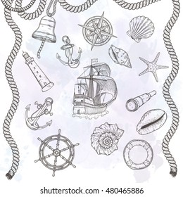 Hand drawn nautical illustrations. Vector marine objects.