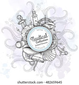 Hand drawn nautical illustrations. Vector marine objects.