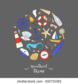 Hand drawn nautical items in circle with lettering. Sailboat, lighthouse, anchor, shell, starfish, compass, spyglass, wheel, lifebuoy, loupe, pearl, snorkel, mask, seahorse, sailor suite.