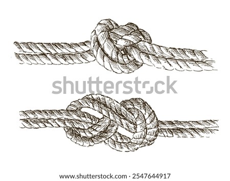 Hand drawn nautical knots, rigging rope, vector illustration isolated on white