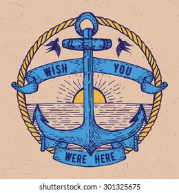 Hand drawn nautical label, t-shirt design with anchor, dusty background