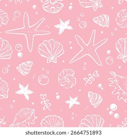 Hand drawn nautical pattern in pink. Shells, bubbles, starfish, pearls in a repeating seamless pattern with sea life.
