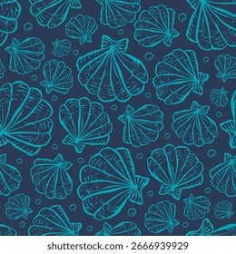 Hand drawn nautical pattern in turquoise on dark background. Shells, pearls in a repeating seamless pattern with sea life.